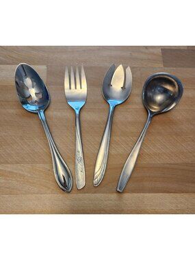 Set of 4 Mismatched Stainless Steel Serving Utensils Slotted Spoon, Forks, Ladle